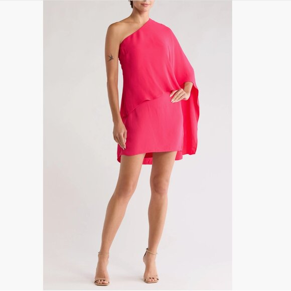 REISS | NWT Blake One Shoulder Chiffon Cape Mini Dress in Bright Pink, Size 2 🇬🇧 - Picture 7 of 13